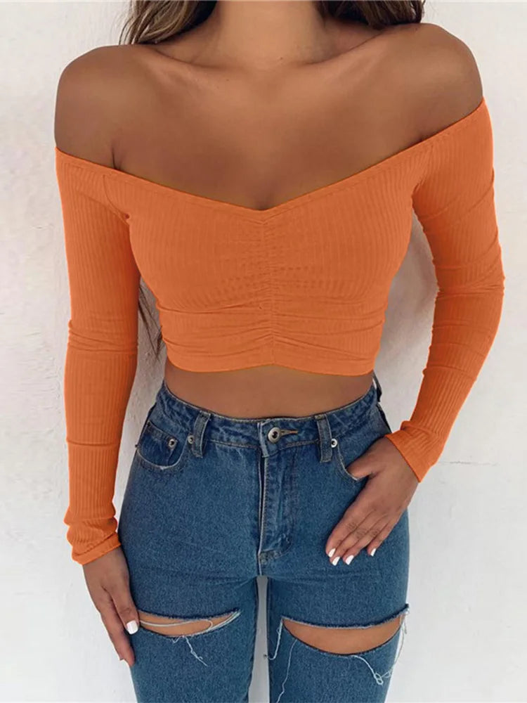 Women's Off-Shoulder Long Sleeve Crop Top