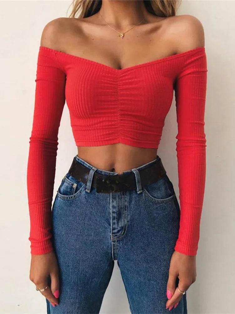 Women's Off-Shoulder Long Sleeve Crop Top