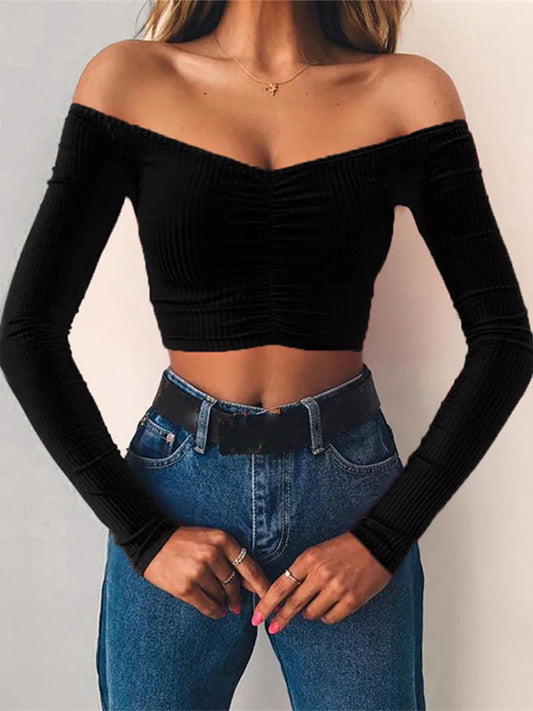 Women's Off-Shoulder Long Sleeve Crop Top