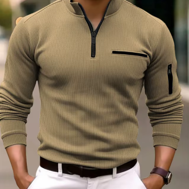 Men's Striped Zipper Polo