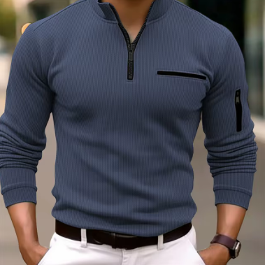 Men's Striped Zipper Polo