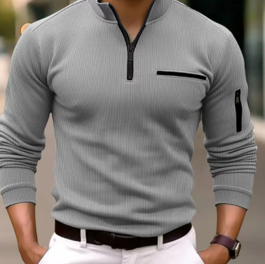 Men's Striped Zipper Polo