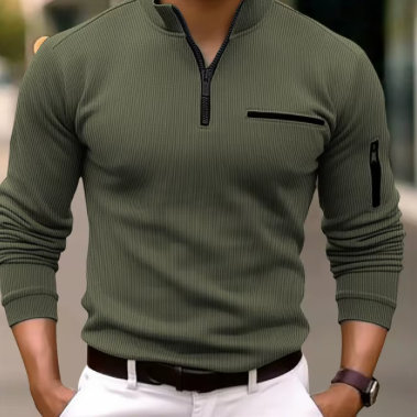 Men's Striped Zipper Polo